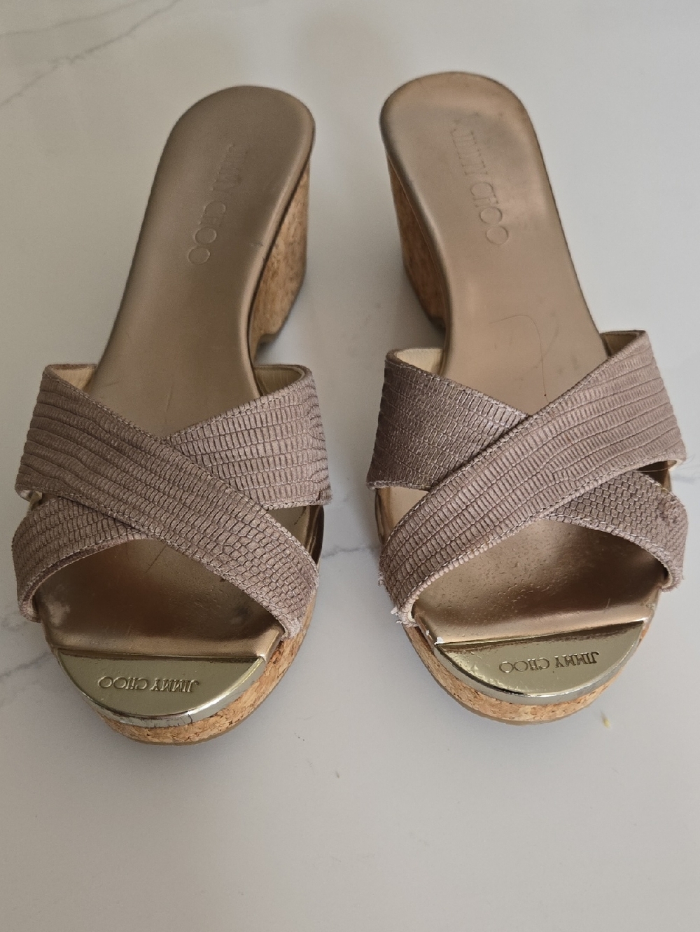 Jimmy Choo Taupe Crisscross Wedge Sandals with Gold Toe Plate